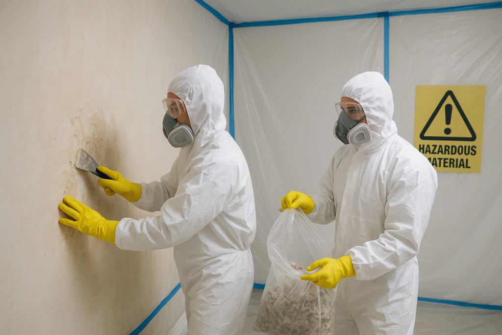 Professionals in protective suits removing asbestos from a wall in a sealed room with hazardous material warning sign.